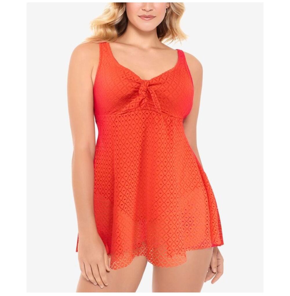 Swim Solutions Swim Dress Size 12 Bow Front Tummy Control Swimsuit Orange NWT - Picture 1 of 16